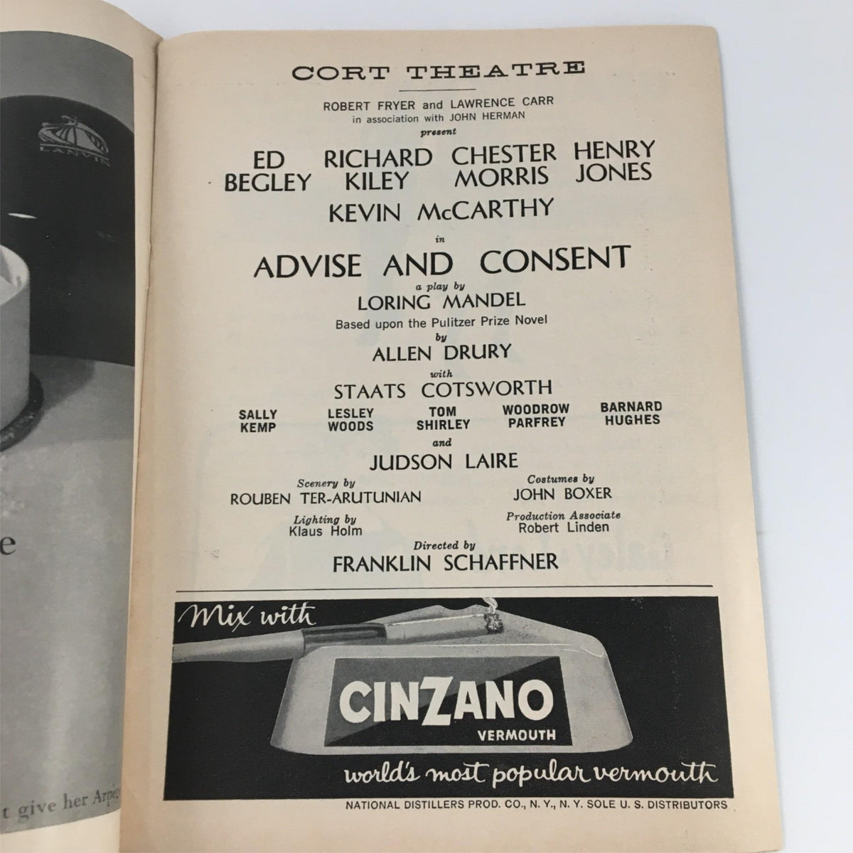 Page from the 1961 Playbill for Advise and Consent displaying cast and production details for the Cort Theatre.
