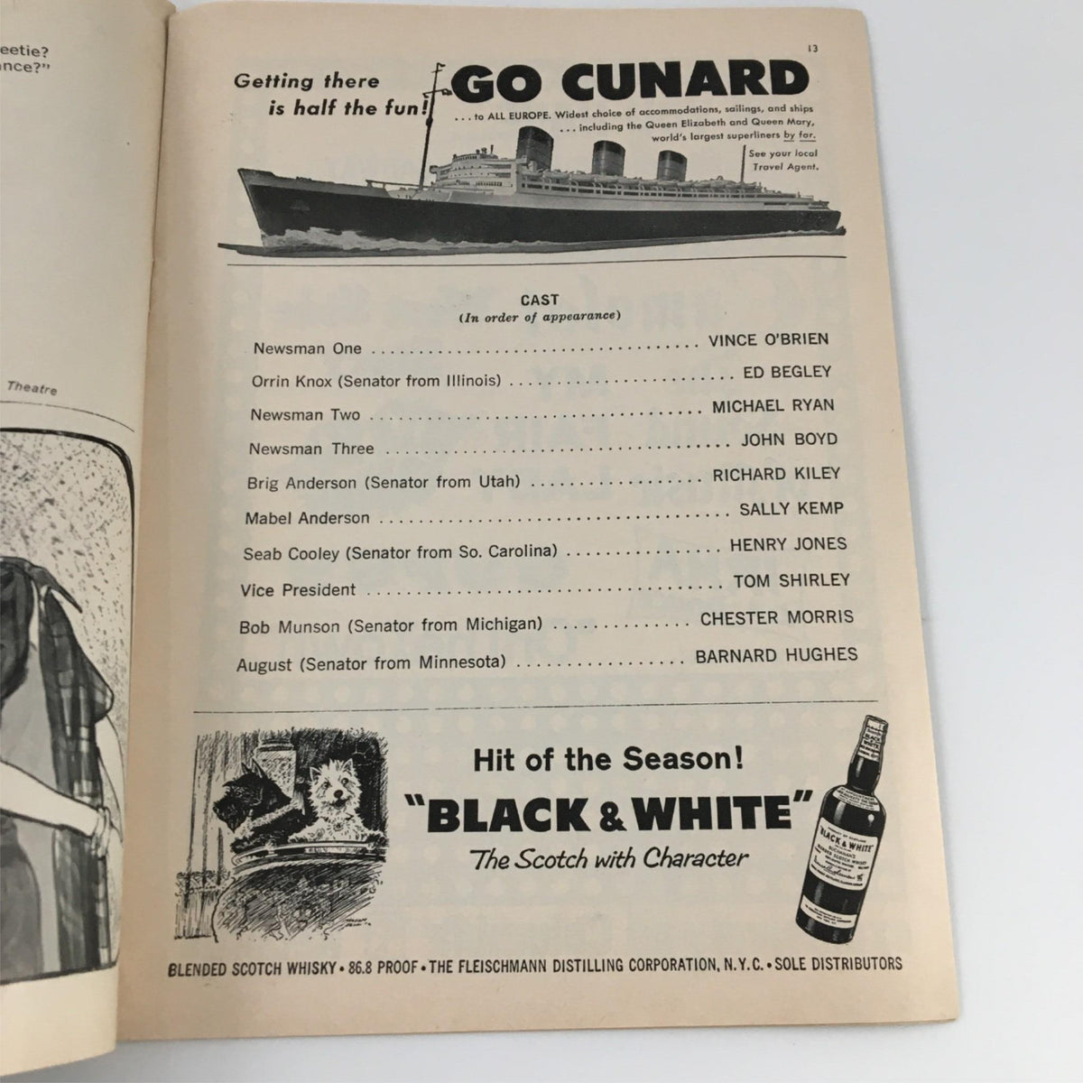 Page from the 1961 Playbill for Advise and Consent with information about the cast and sponsor advertisements.