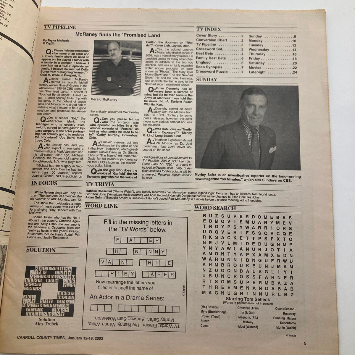 Inside page of TV Week Magazine January 12 2003 displaying a TV timeline, trivia, and a word search puzzle, highlighting entertainment and program features of the week.