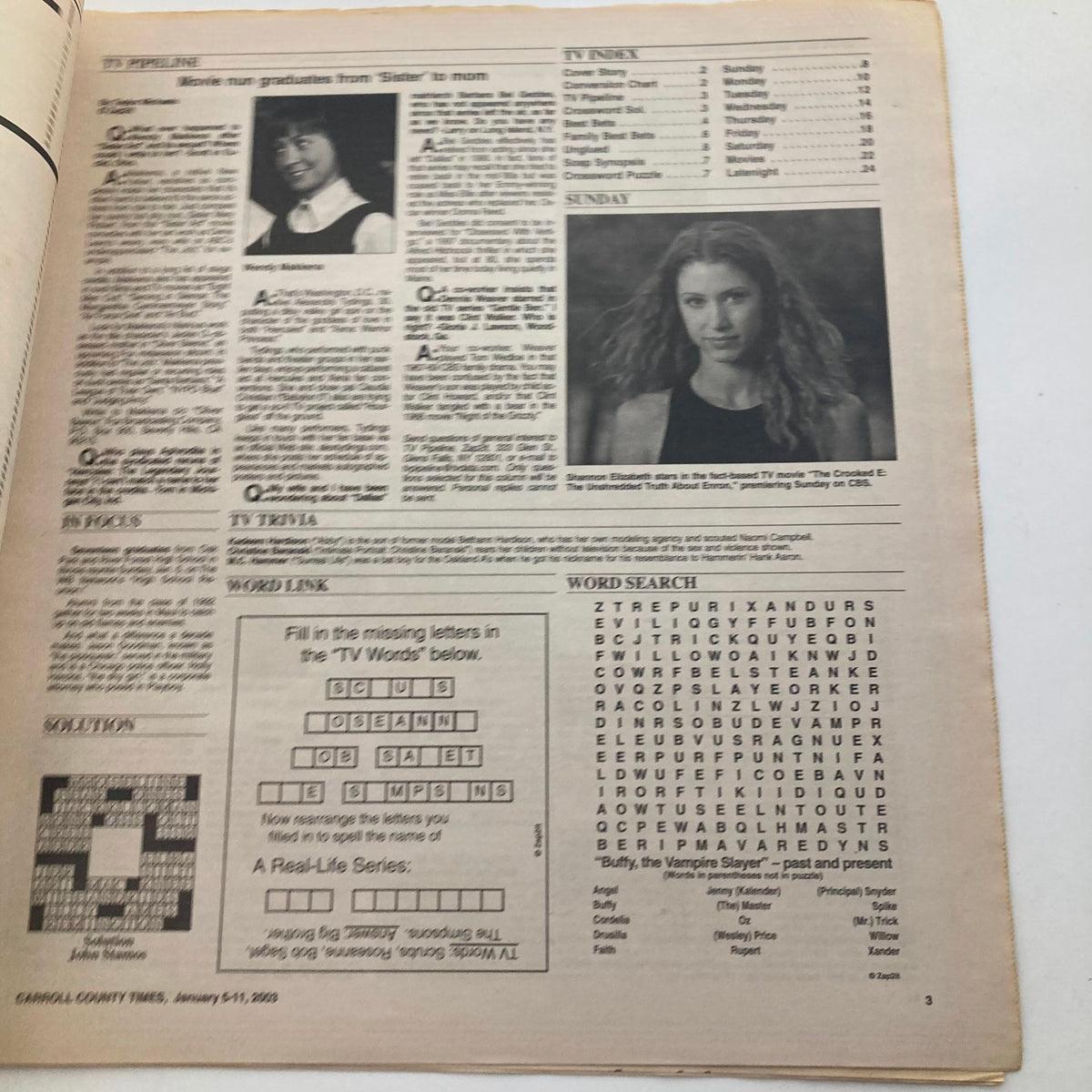 Interior page of TV Week Magazine January 5 2003, displaying articles and programming listings, providing insights into television culture of the early 2000s.