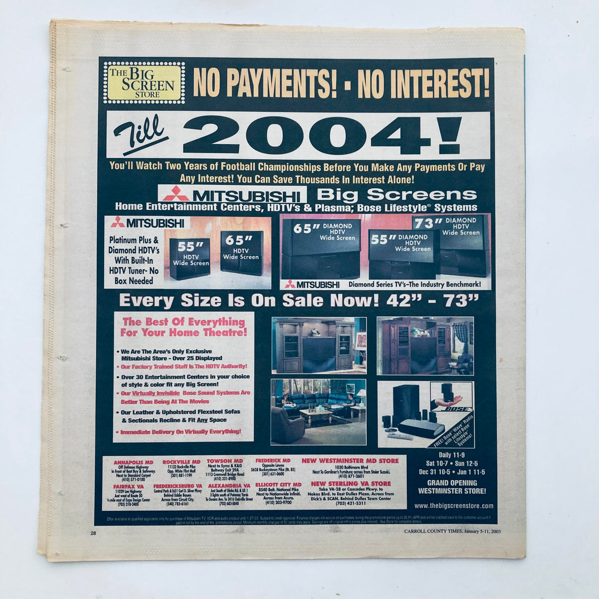 Advertisement page from TV Week Magazine January 5 2003 promoting home entertainment options, emphasizing deals on big screen TVs, relevant to the era.