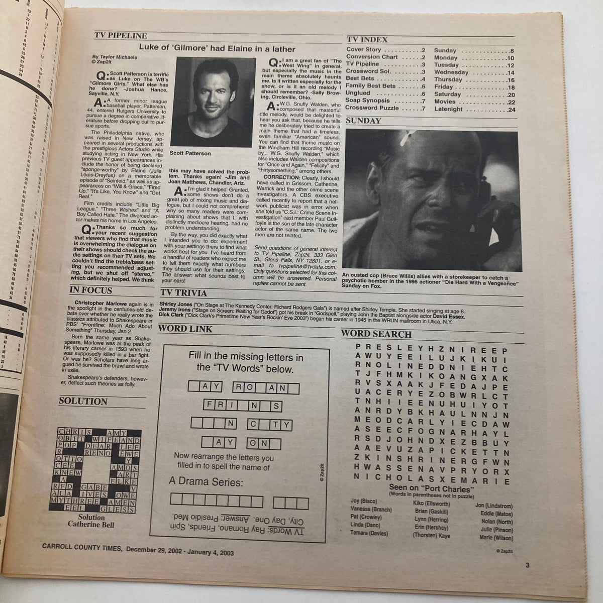 Interior page of TV Week Magazine from December 29, 2002, showcasing TV listings and trivia including Luke from Gilmore Girls.