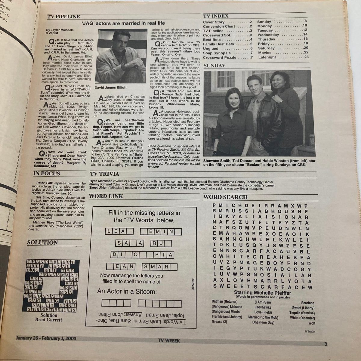 Inside page of TV Week Magazine from January 26, 2003, featuring content including TV index, trivia, and word puzzles, alongside the title 'TV Week Magazine January 26 2003 Cobie Smulders, Ryan Merriman No Label'.