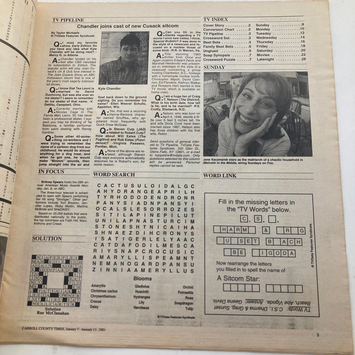 Inside page of TV Week Magazine January 7, 2001, showcasing a TV index and a word search puzzle related to television programming.