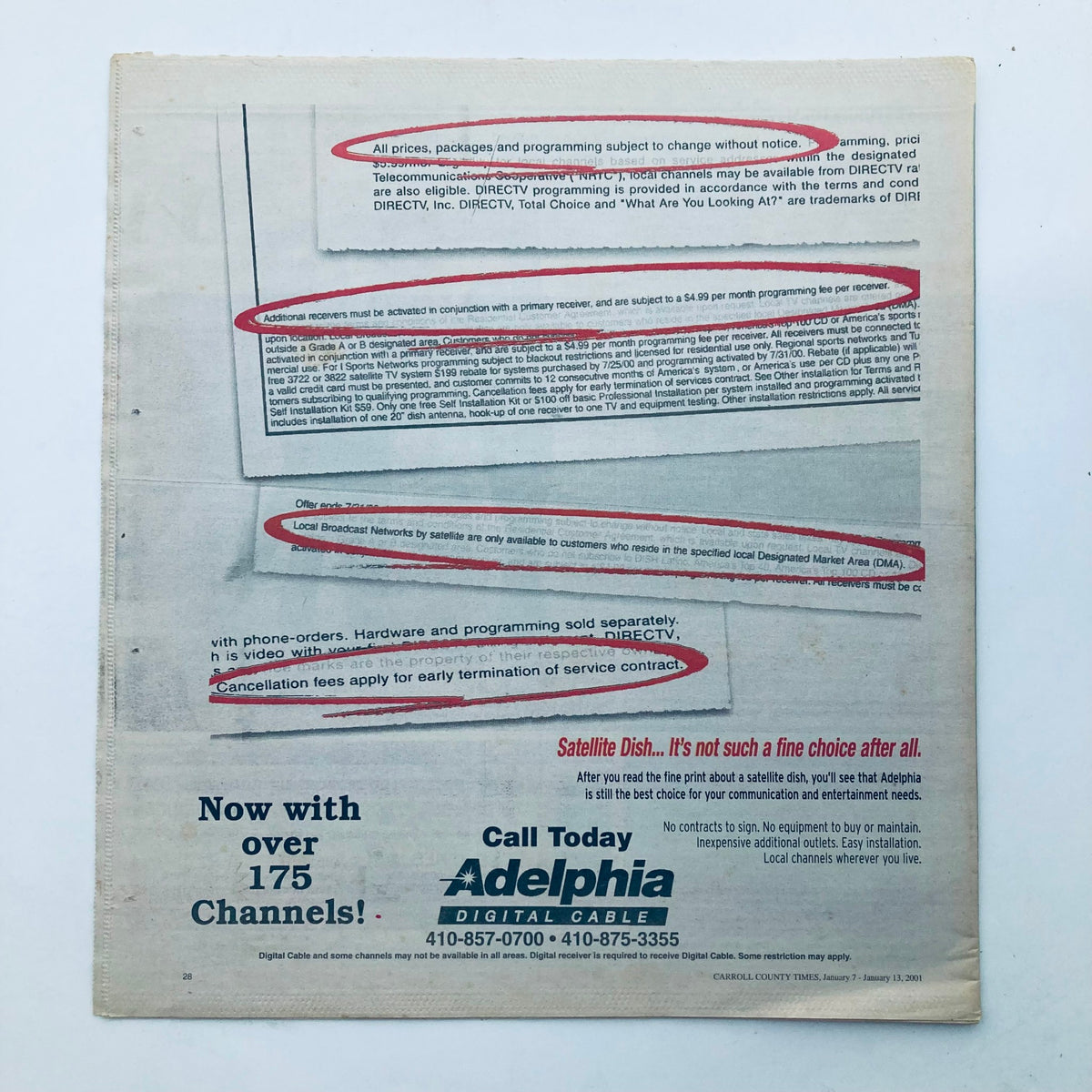 Back cover of TV Week Magazine January 7, 2001, displaying advertisements and subscription details for satellite TV services.