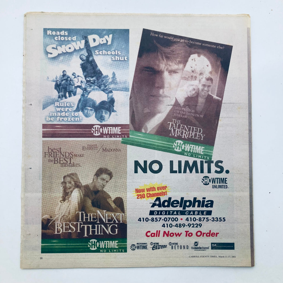 Advertisement from TV Week Magazine March 11 2001 featuring shows like 'Snow Day,' 'The Next Best Thing,' and 'The Mind of the Married Man' promoting Showtime Unlimited with the tagline 'NO LIMITS.'