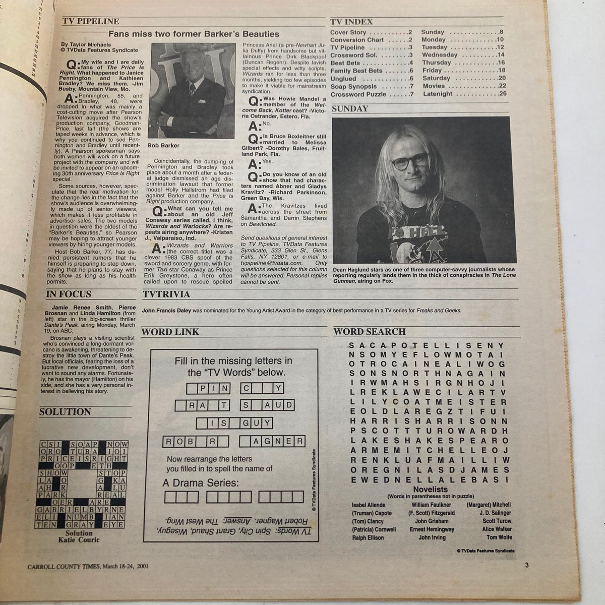 Inside page of TV Week Magazine March 18, 2001, showcasing a section titled 'In Focus' with a focus on Bob Barker from Barker's Beauties and a word search puzzle, reflecting the entertainment programming of the era.