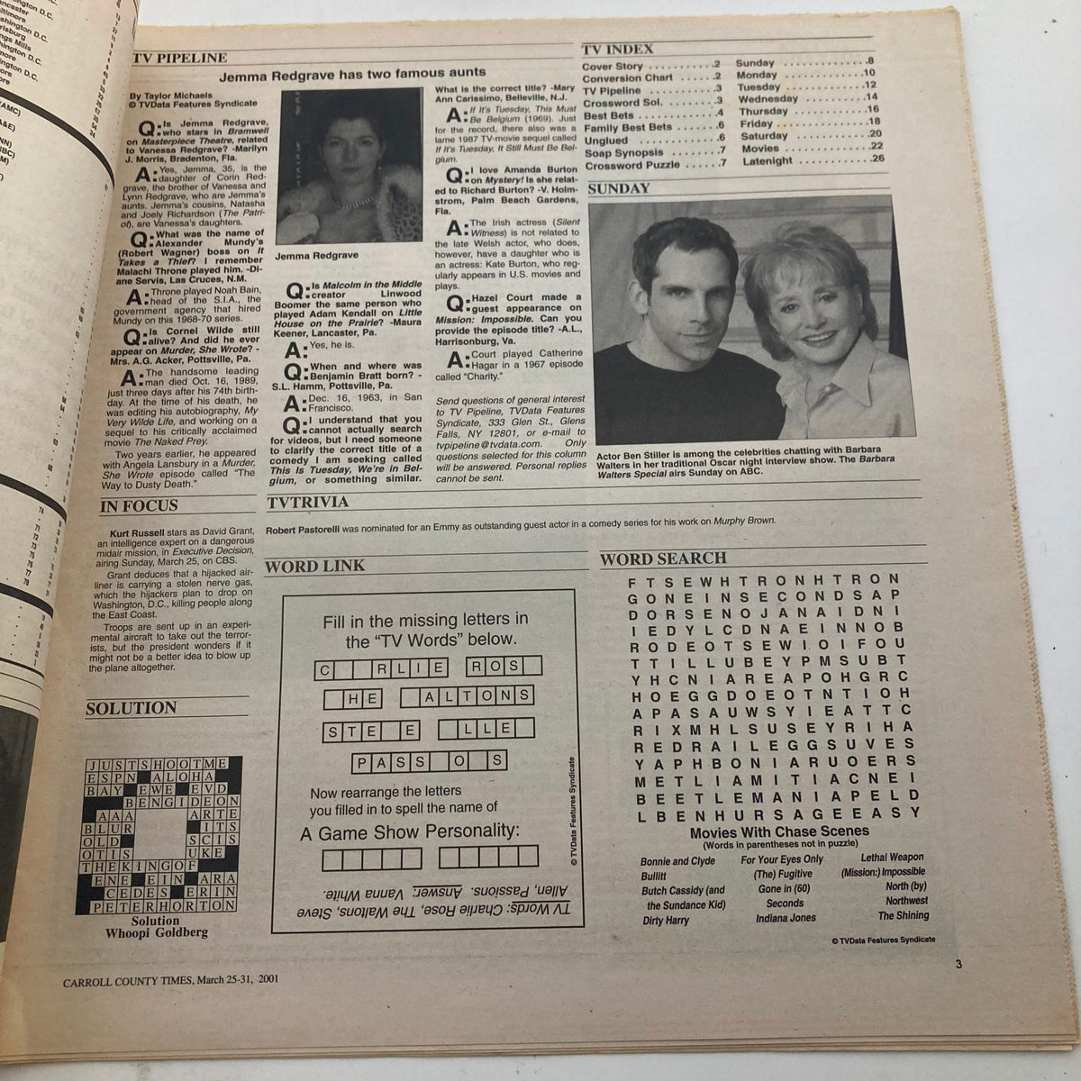 Inside page of TV Week Magazine March 25 2001 featuring TV pipeline and trivia section, showcasing early 2000s television culture.