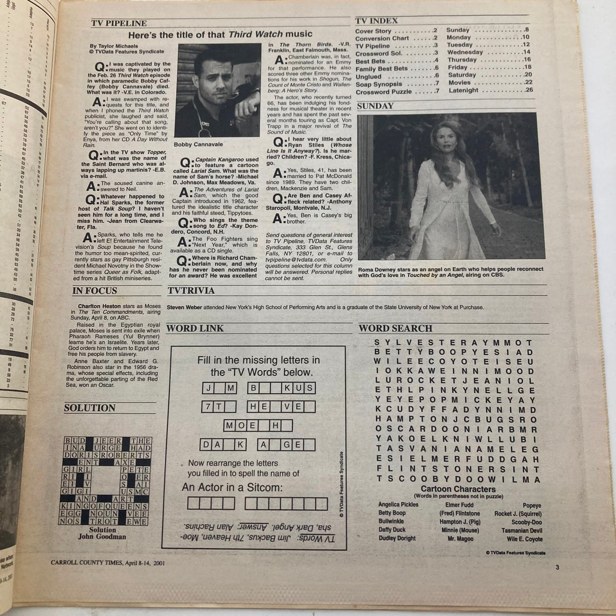 Interior page of TV Week Magazine April 8 2001, featuring TV index listings and trivia, highlighting programming and cultural references of the time.