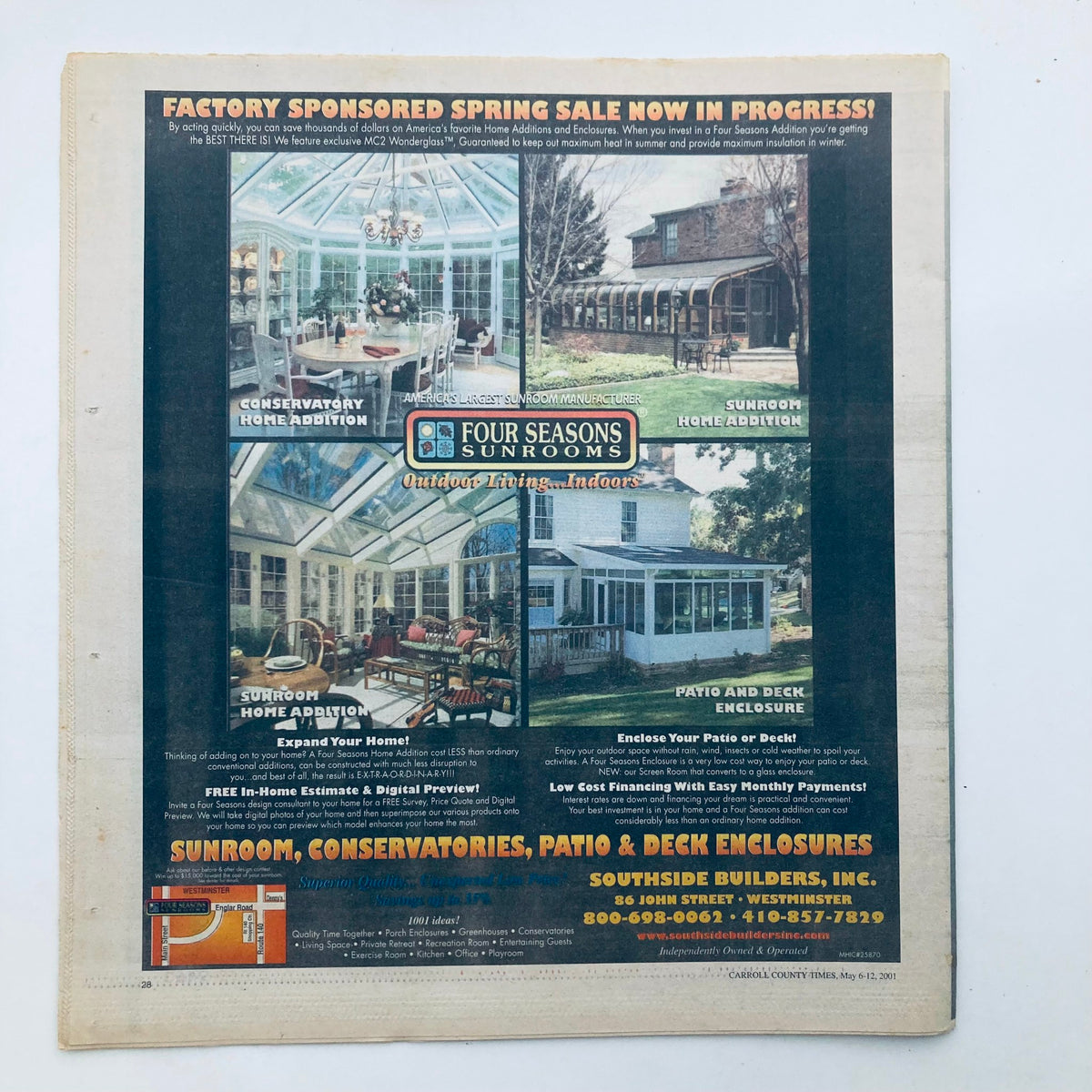Advertisement from TV Week Magazine May 6 2001 featuring a promotional layout for Four Seasons Sunrooms, showcasing sunrooms, conservatories, patio, and deck enclosures. The ad includes images of various sunroom designs and offers details on home improvement services.