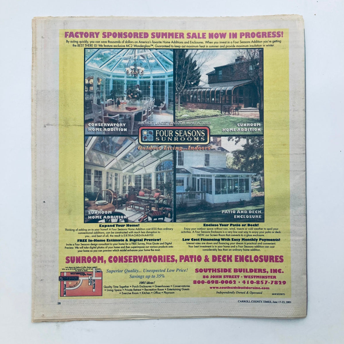 Back cover of TV Week Magazine June 17, 2001, highlighting a sponsored summer sale advertisement for sunrooms and home additions.