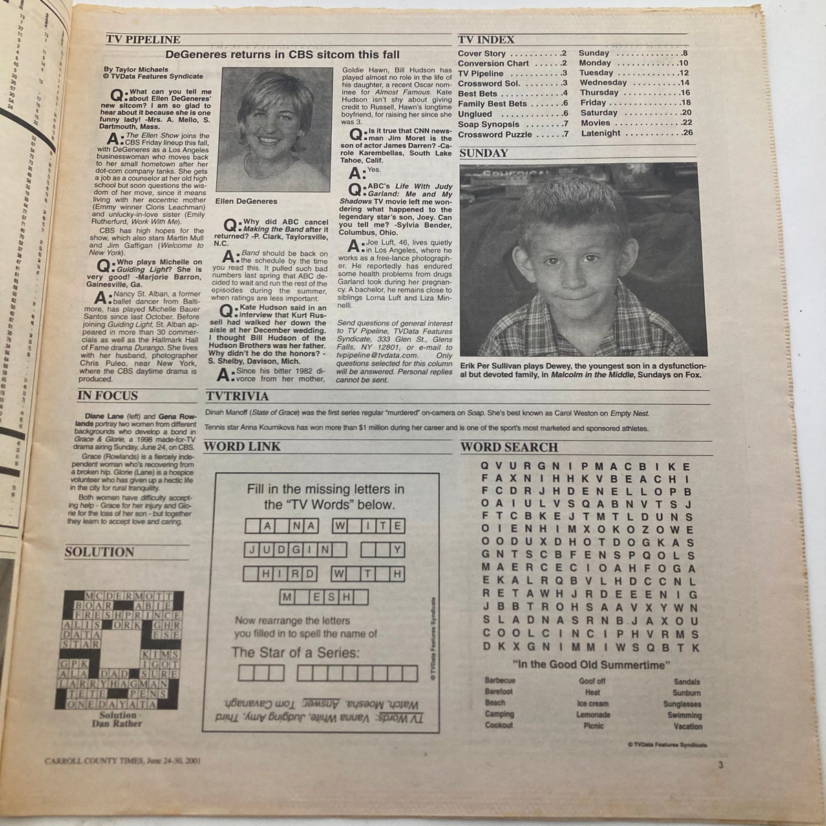 Interior page of TV Week Magazine June 24, 2001, featuring TV programming details and crossword puzzles, highlighting CBS shows of the time.