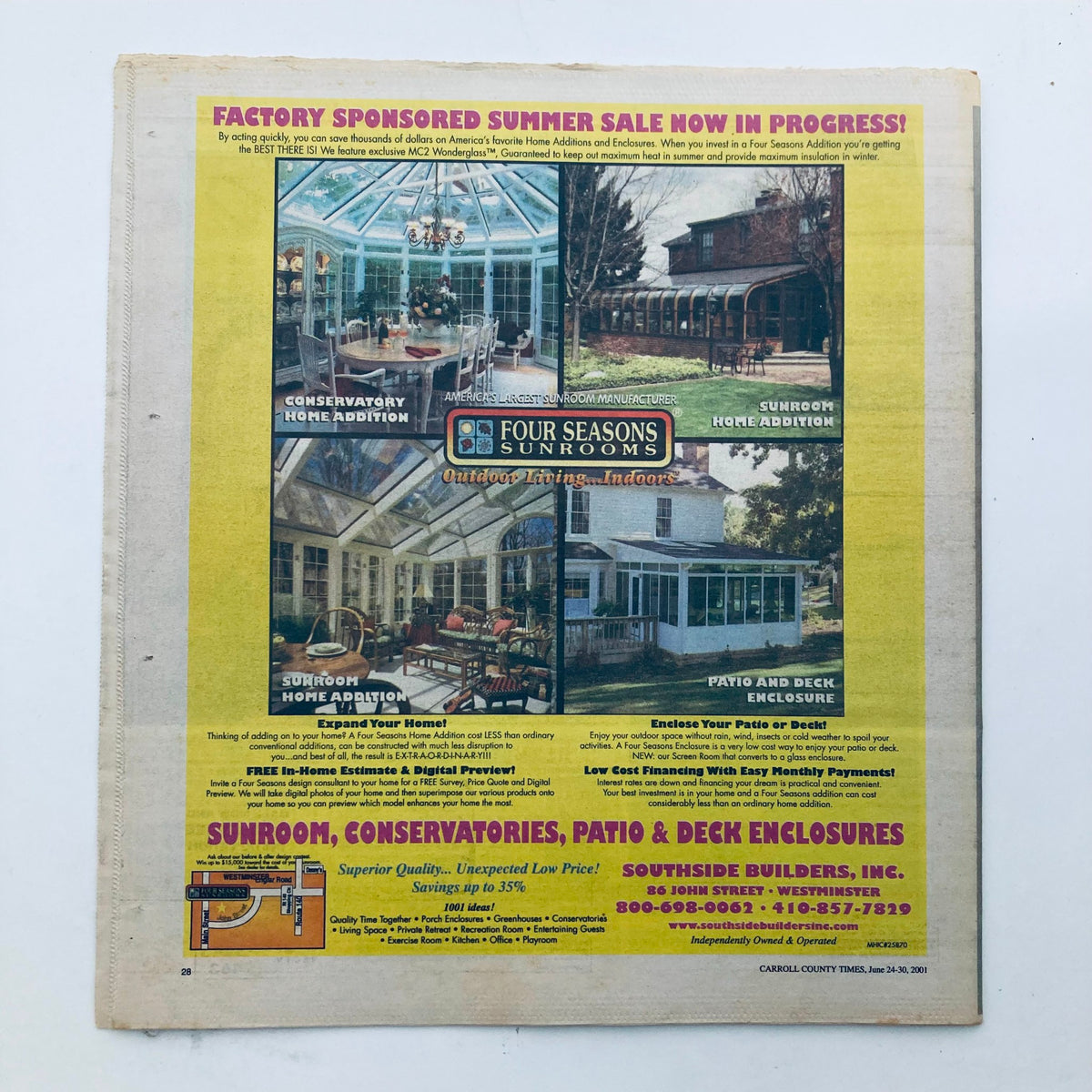 Back cover of TV Week Magazine June 24, 2001, advertising summer sales on home improvements and sunrooms from Four Seasons Sunrooms.