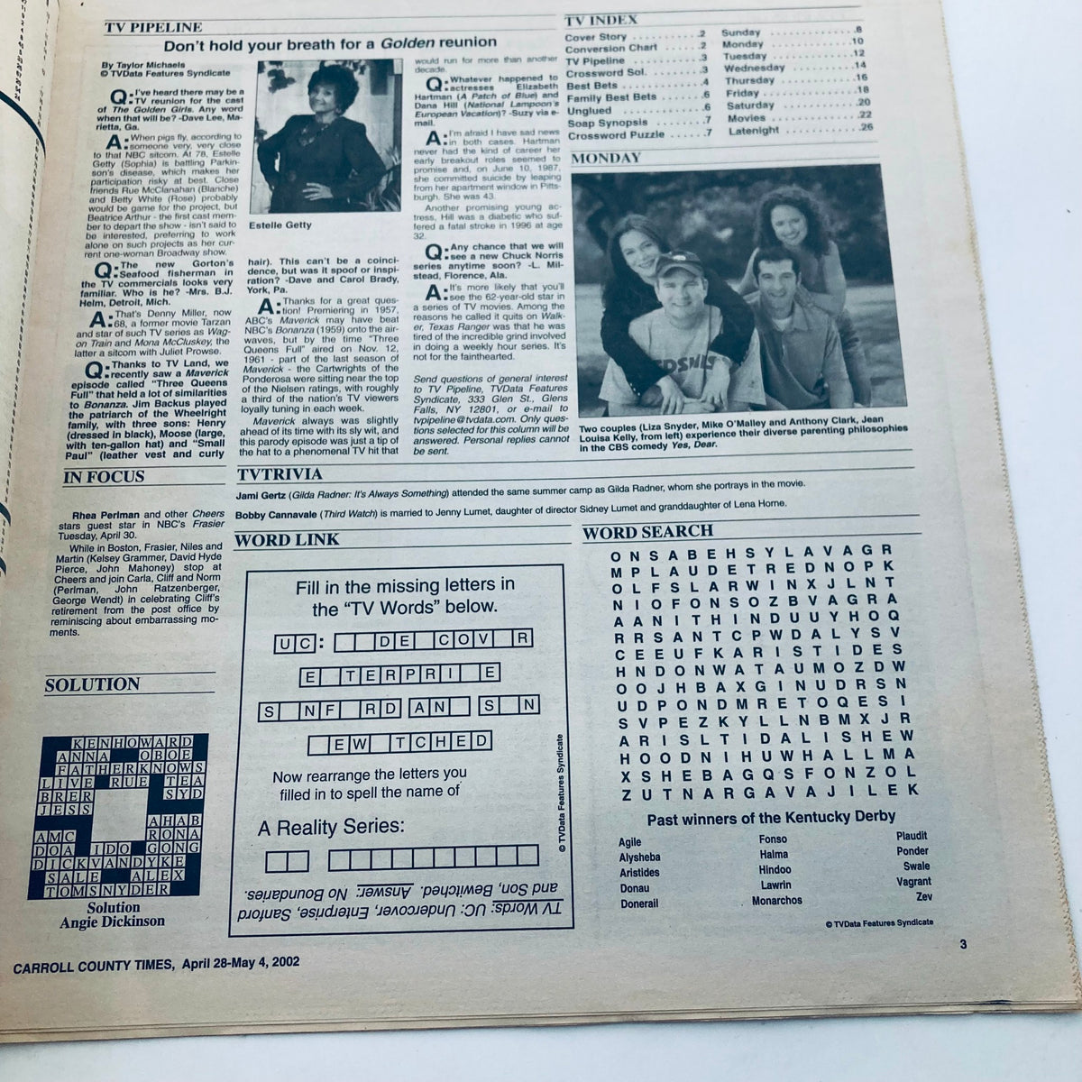 Inside page of TV Week Magazine April 28 2002, featuring TV listings and a word puzzle, emphasizing viewing options for the week.