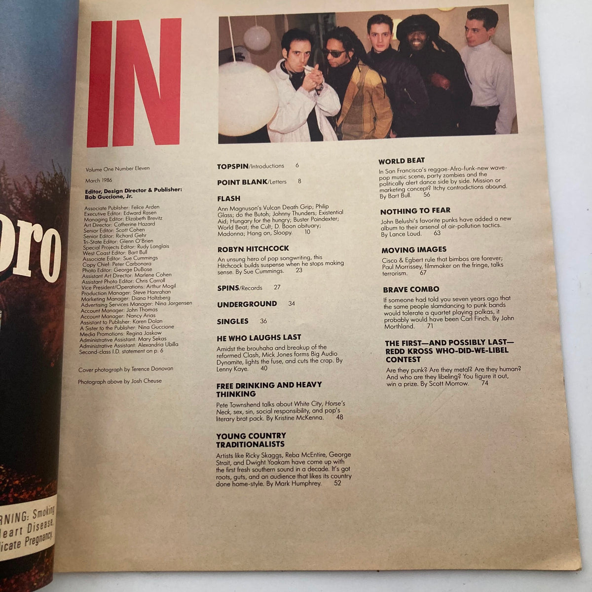 Inside view of Spin Magazine March 1986 Vol 1 No. 11 highlighting articles and interviews, including features on Big Audio Dynamite and other prominent music acts.