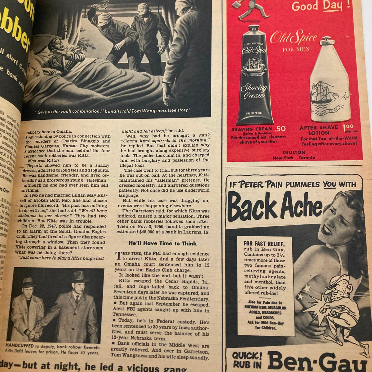 Interior page of the Parade Newspaper Magazine from January 6, 1952, depicting a crime drama story about bank robbers with a vintage advertisement for Old Spice products.