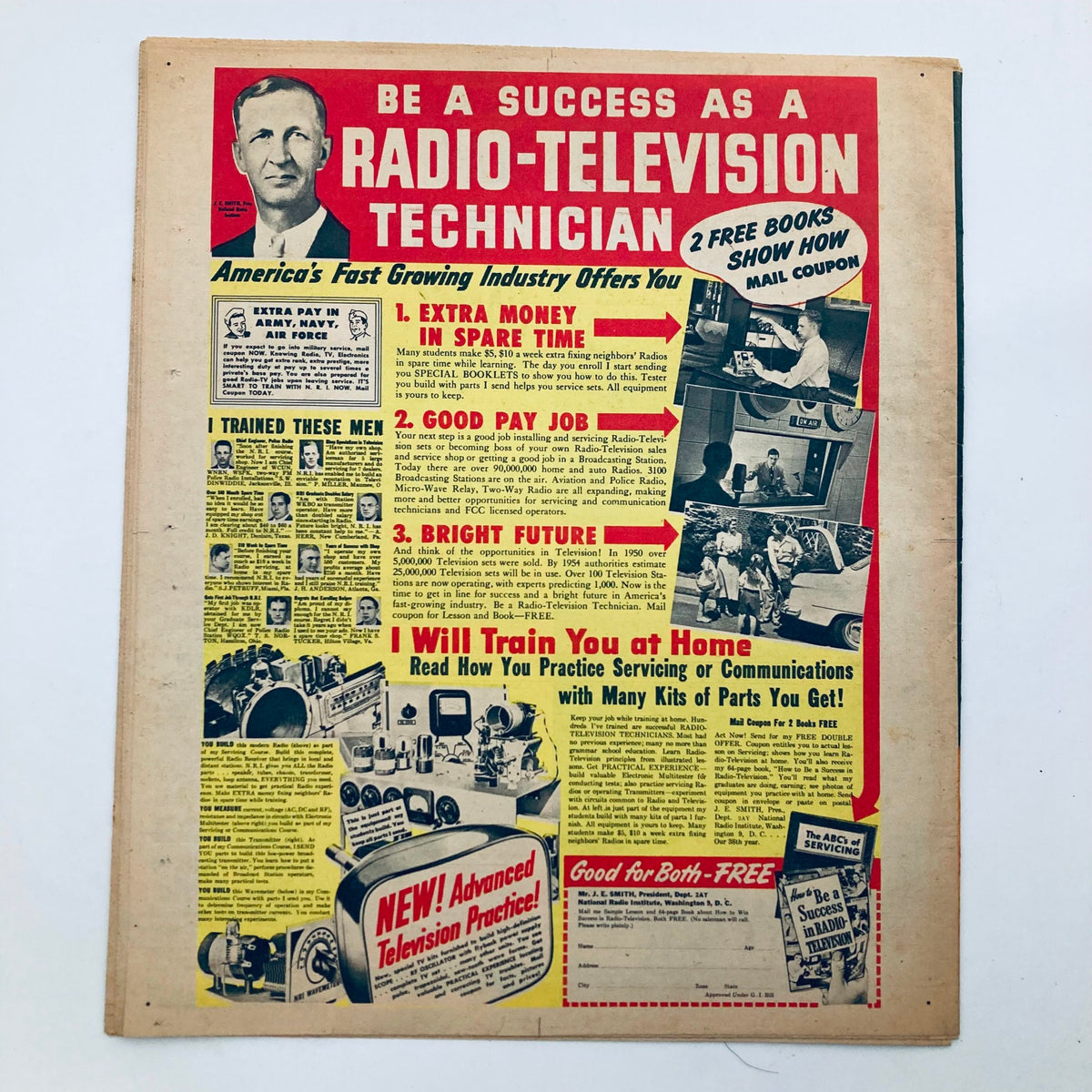 Advertisement page from the Parade Newspaper Magazine dated January 6, 1952, promoting a Radio-Television Technician training program with images of equipment and testimonials.