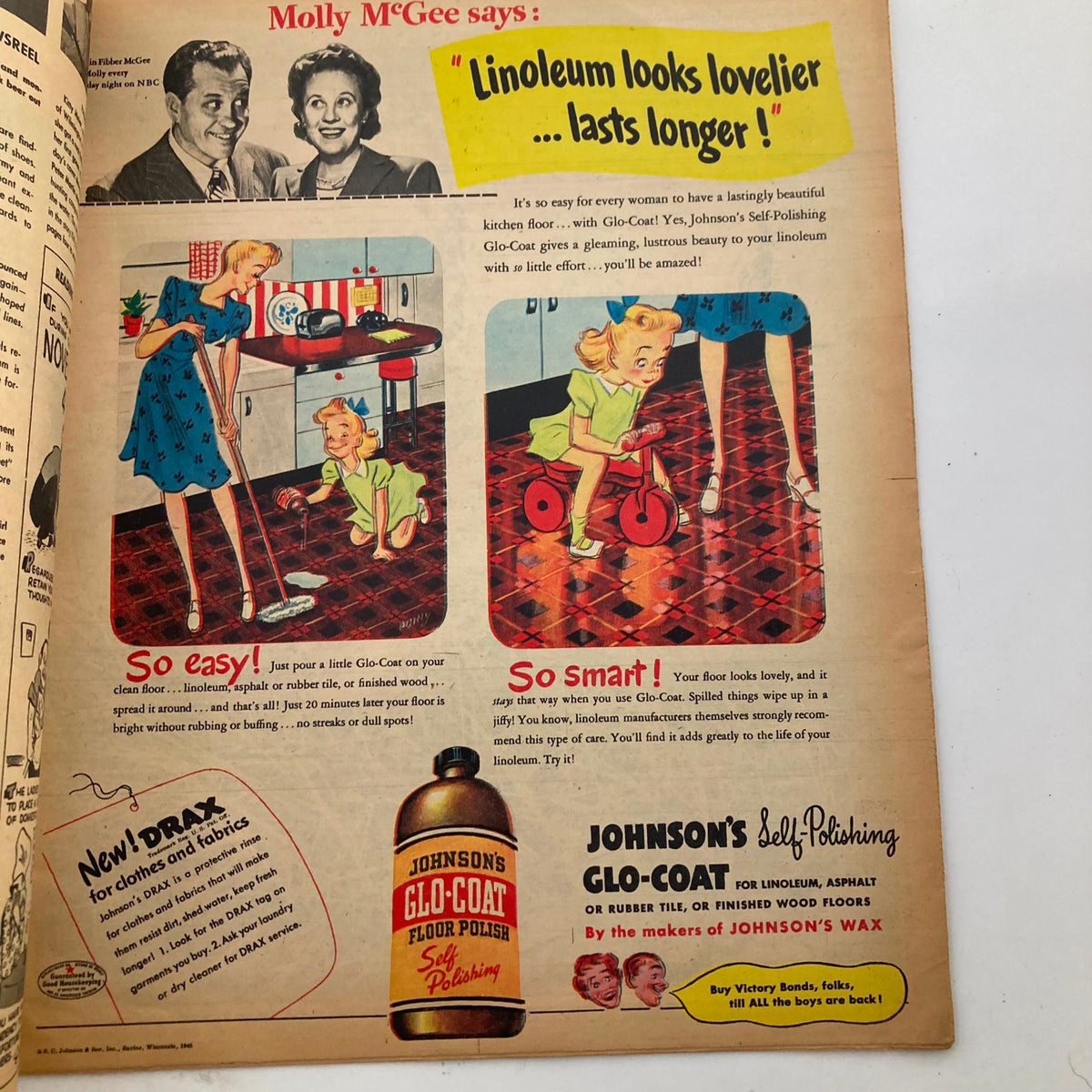 Page from Parade Newspaper Magazine WA Post November 4, 1945 featuring an advertisement for Johnson's Glo-Coat floor polish, illustrated with a woman cleaning her kitchen and a child on a tricycle.