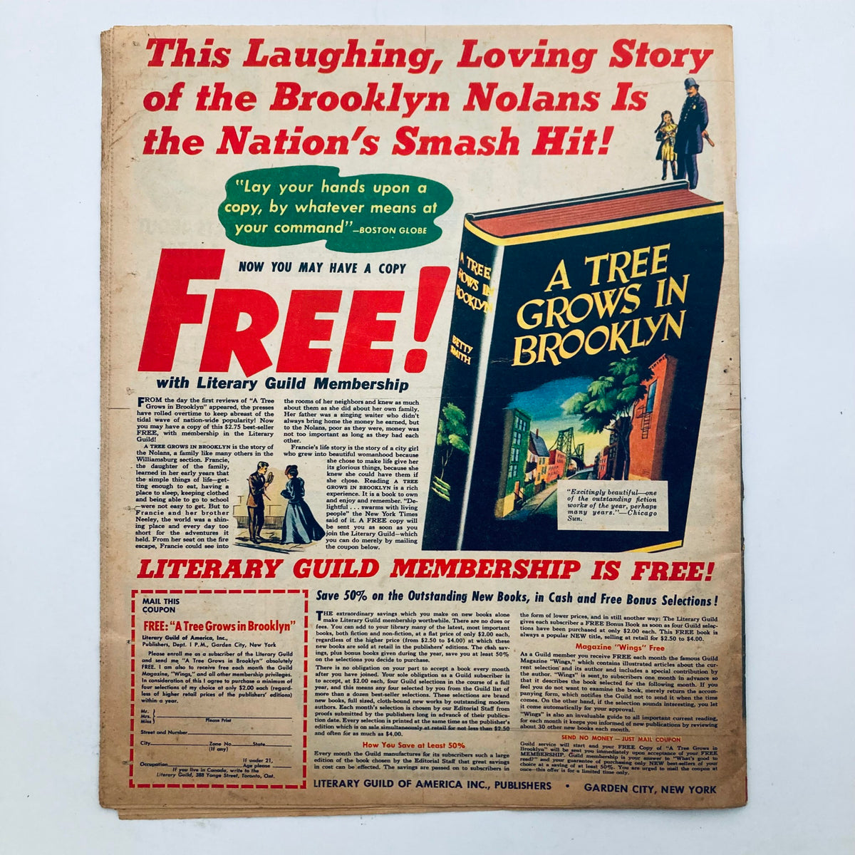 Back cover of the Parade Newspaper Magazine from January 23, 1944, advertising 'A Tree Grows in Brooklyn' with a promotion for Literary Guild Membership.