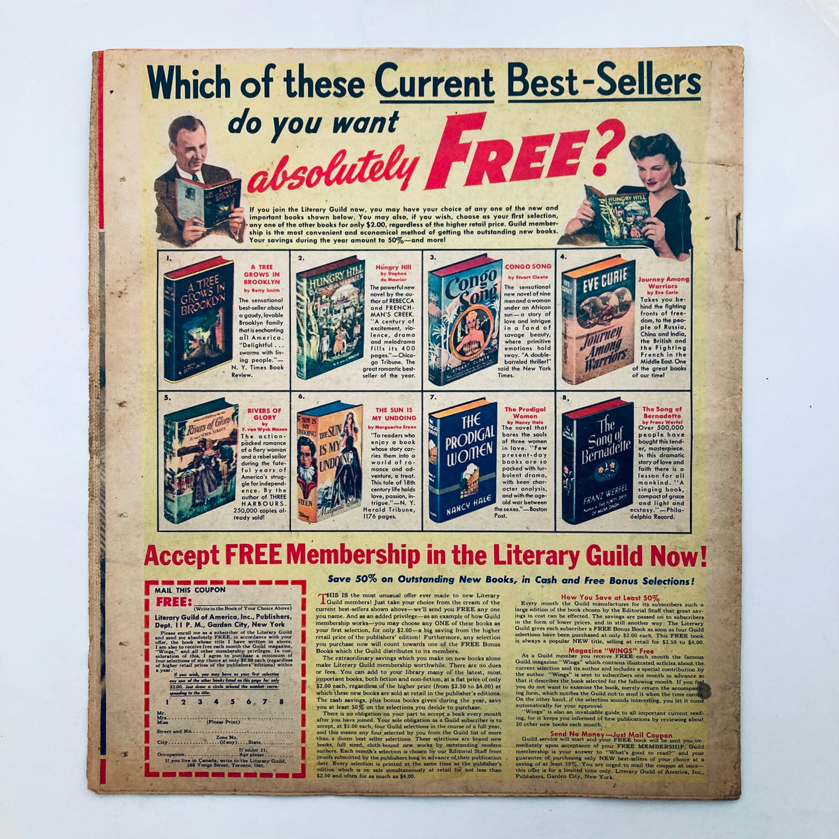 Back page of the Parade Newspaper Magazine dated November 28, 1943, showcasing current best-sellers available for free through the Literary Guild membership.