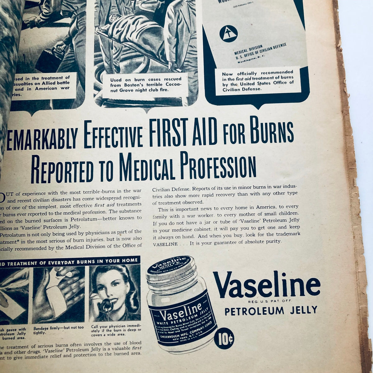 Another interior page of Parade Newspaper Magazine advertising Vaseline as an effective first aid for burns, featured in the November 21, 1943 edition.