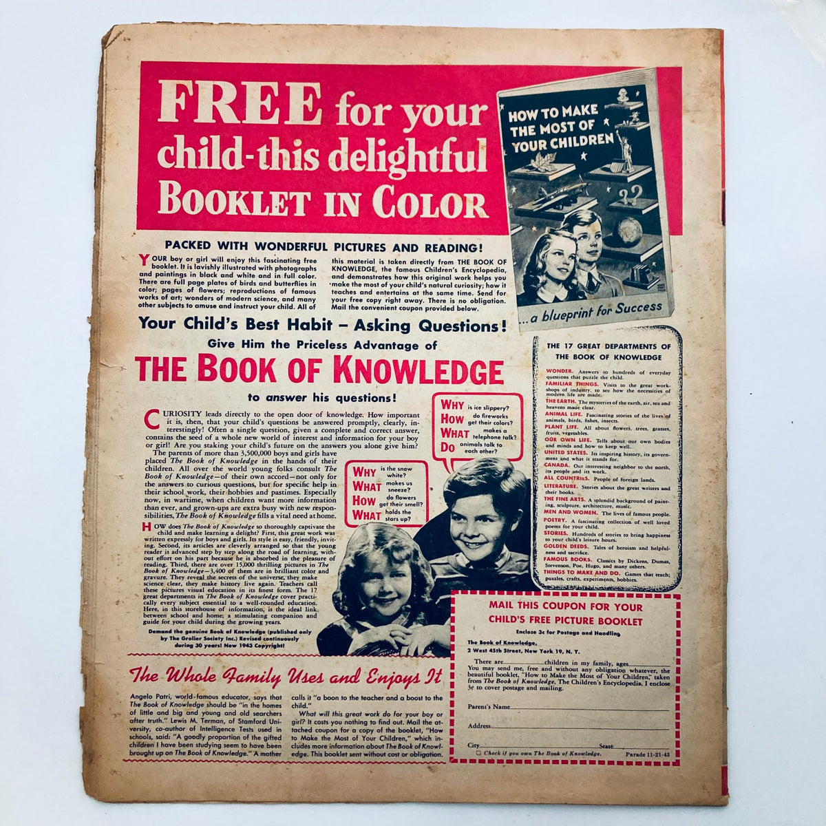 Back cover of Parade Newspaper Magazine promoting a free booklet for children titled 'The Book of Knowledge,' from the November 21, 1943 edition.