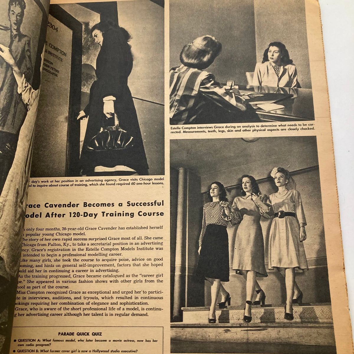 Interior pages of the Parade Newspaper Magazine WA Post from July 14, 1946, showcasing an article about model Grace Cavender's success after a training course with images of her and fellow models.