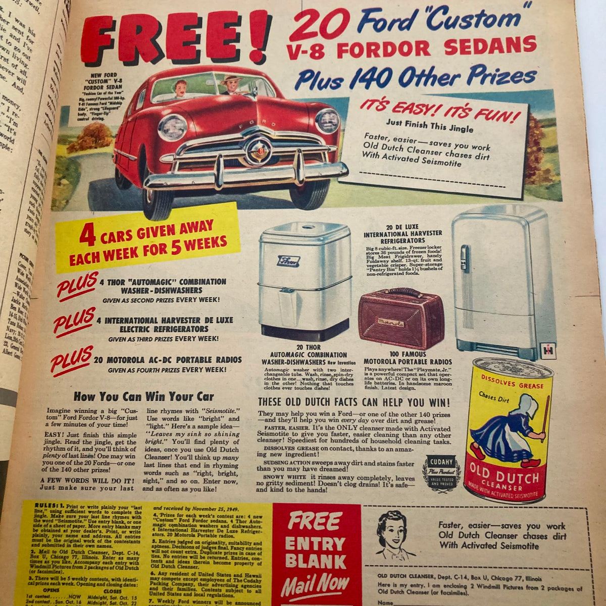 Advertisement page from the Parade Newspaper Magazine, featuring a contest for winning Ford cars and other prizes alongside a vintage product display.