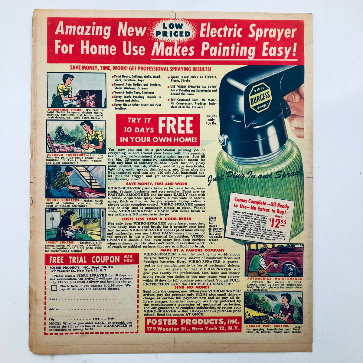 1960s advertisement for the Vibro-Sprayer Electric Sprayer, showcasing various home painting applications, featured in Parade Newspaper Magazine WA Post September 18 1949.