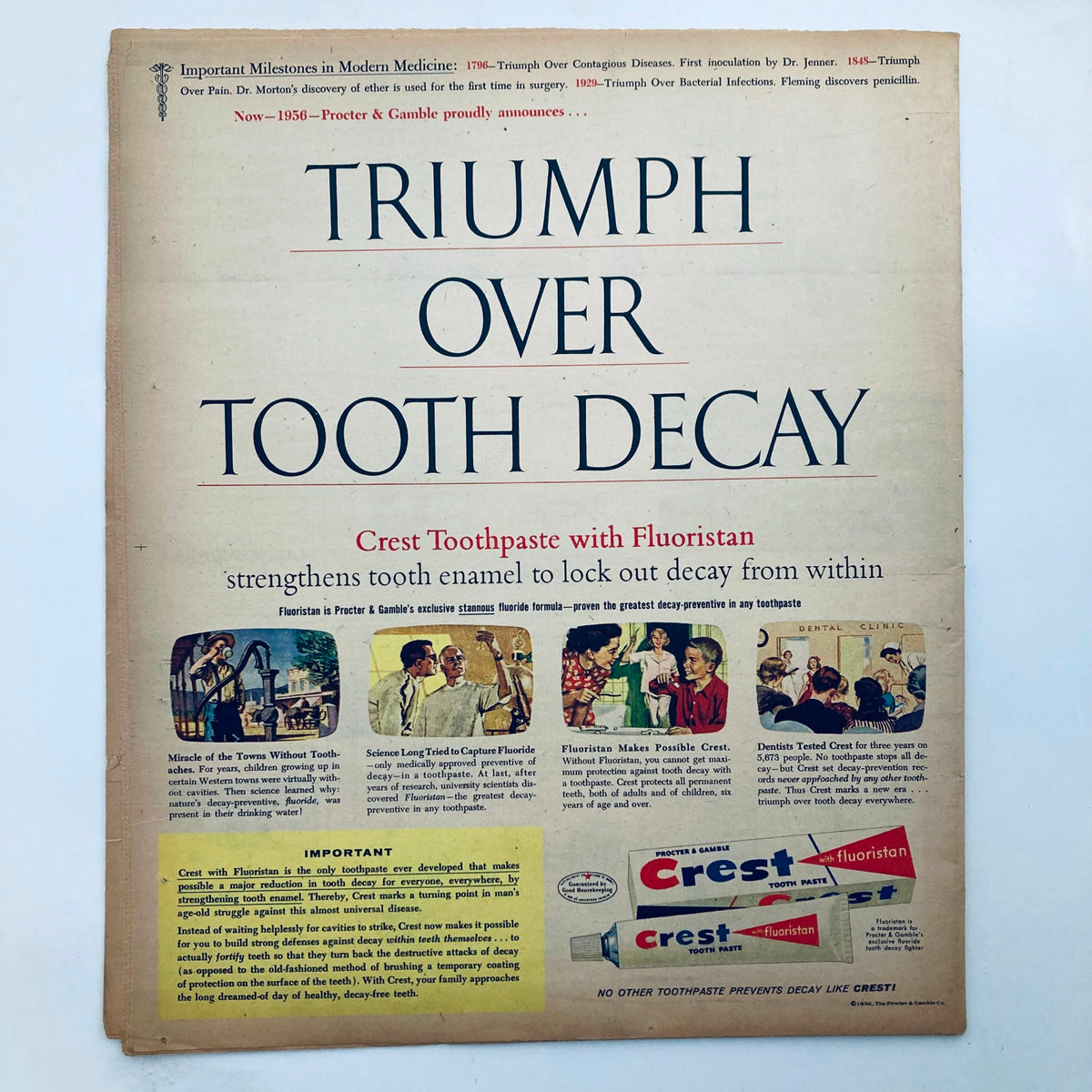 Parade Newspaper Magazine WA Post April 8 1956 featuring an advertisement for Crest Toothpaste with Fluoristan, highlighting its benefits for oral health and promoting a historical perspective on dental care.