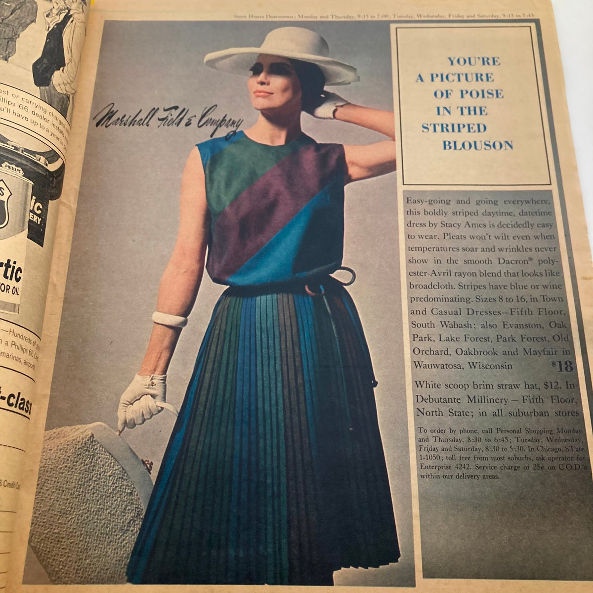 Page from the VTG Chicago Tribune Magazine June 21 1964 featuring a vintage advertisement for Marshall Field & Company with a model wearing a striped blouson and wide-brim hat.