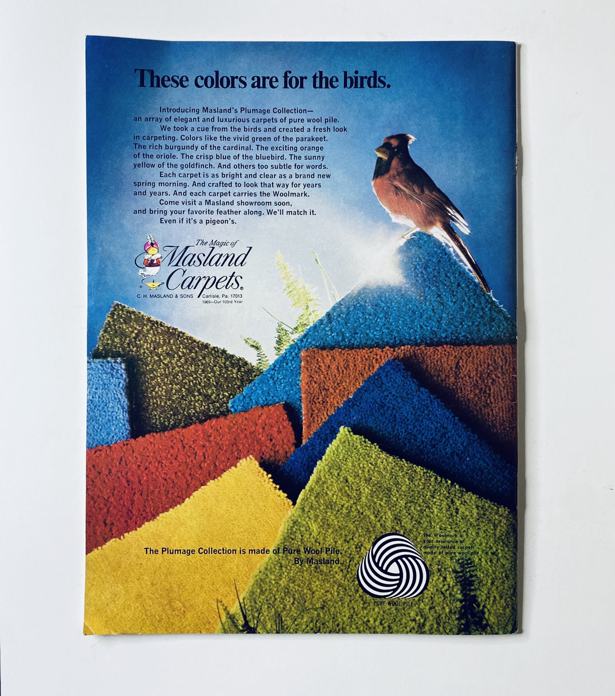 The New Yorker Magazine July 5, 1969 showcasing an advertisement for Massland Carpets, featuring colorful carpet samples with the tagline 'These colors are for the birds'.
