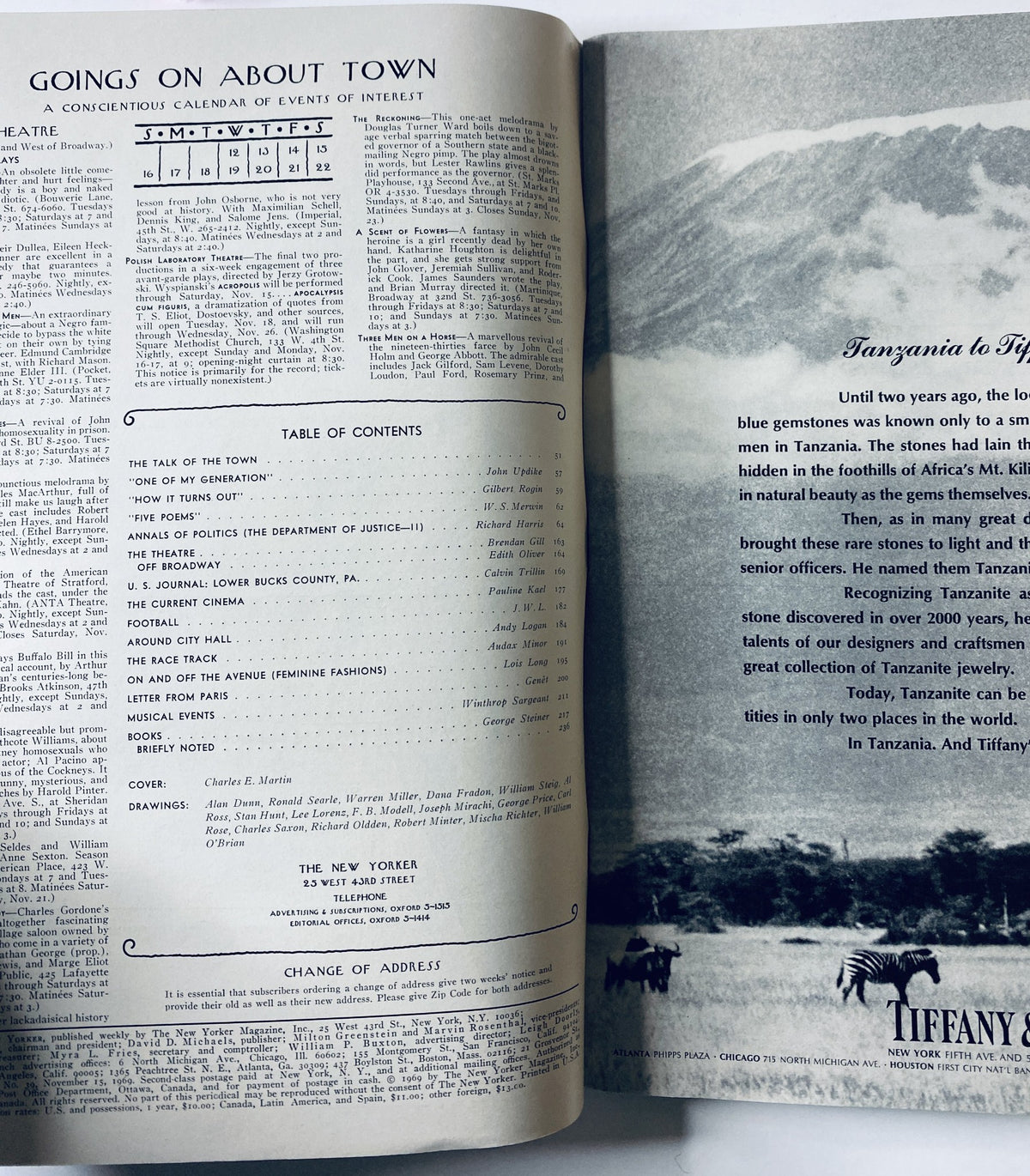 Interior page of The New Yorker Magazine November 15, 1969 showcasing the Table of Contents and events outline.