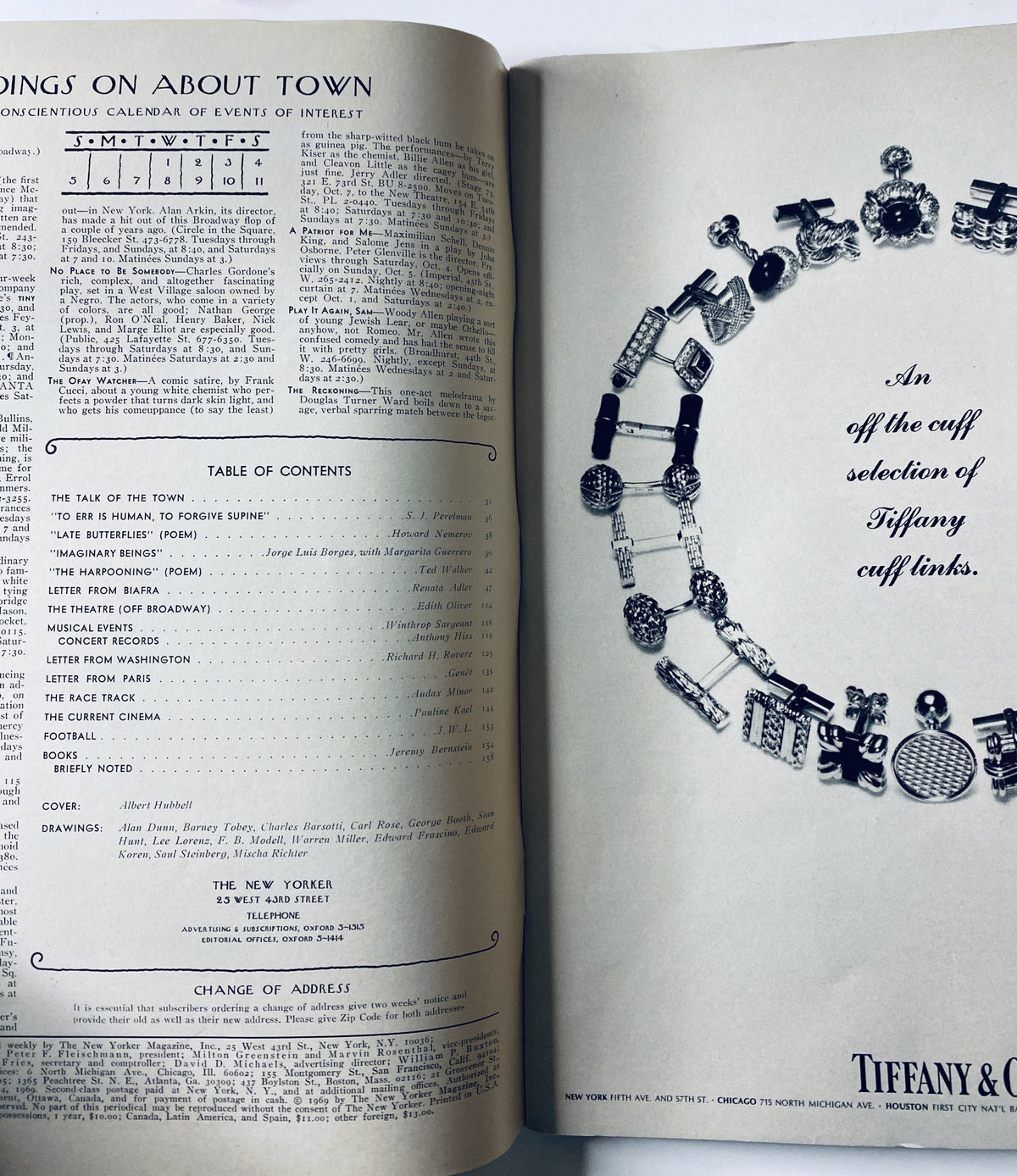 Inside spread of The New Yorker Magazine October 4, 1969, displaying the table of contents alongside an advertisement for Tiffany & Co.'s cuff links, offering insights into events of the time.