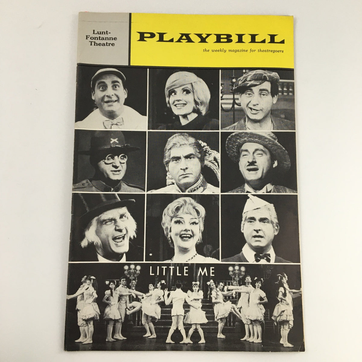 1963 Playbill from Lunt-Fontanne Theatre featuring 'Little Me' showcasing a collage of cast members including Sid Caesar and Virginia Martin.
