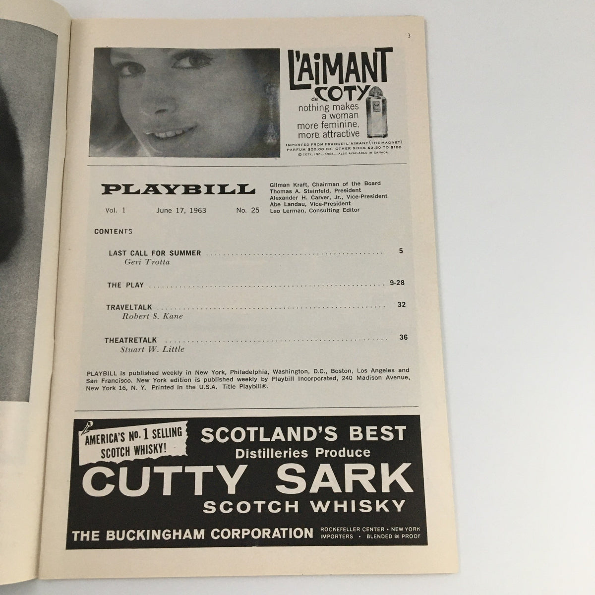 Inside page of the 1963 Playbill for 'Beyond the Fringe' listing contents and advertisements, highlighting theater-related features and vintage branding.