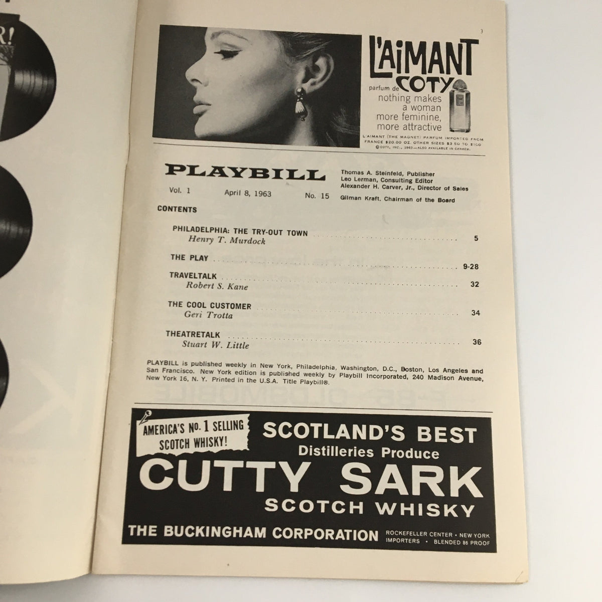 Inside page of the 1963 Playbill for 'Who's Afraid of Virginia Woolf?', detailing the contents and advertisements relevant to the theatre experience.