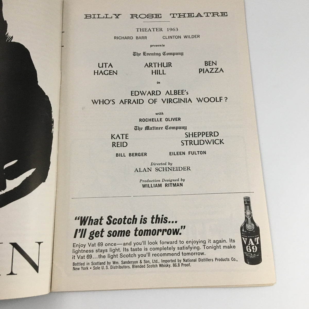 1963 Playbill for 'Who's Afraid of Virginia Woolf?' featuring the cast and production details at the Billy Rose Theatre including Richard Barr, Clinton Wilder, and Alan Schneider.