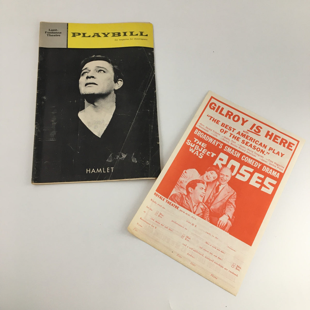 Two vintage Playbills from Lunt-Fontanne Theatre featuring 'Hamlet' with Richard Burton and Hume Cronyn, showcasing theatrical history and collectibles.