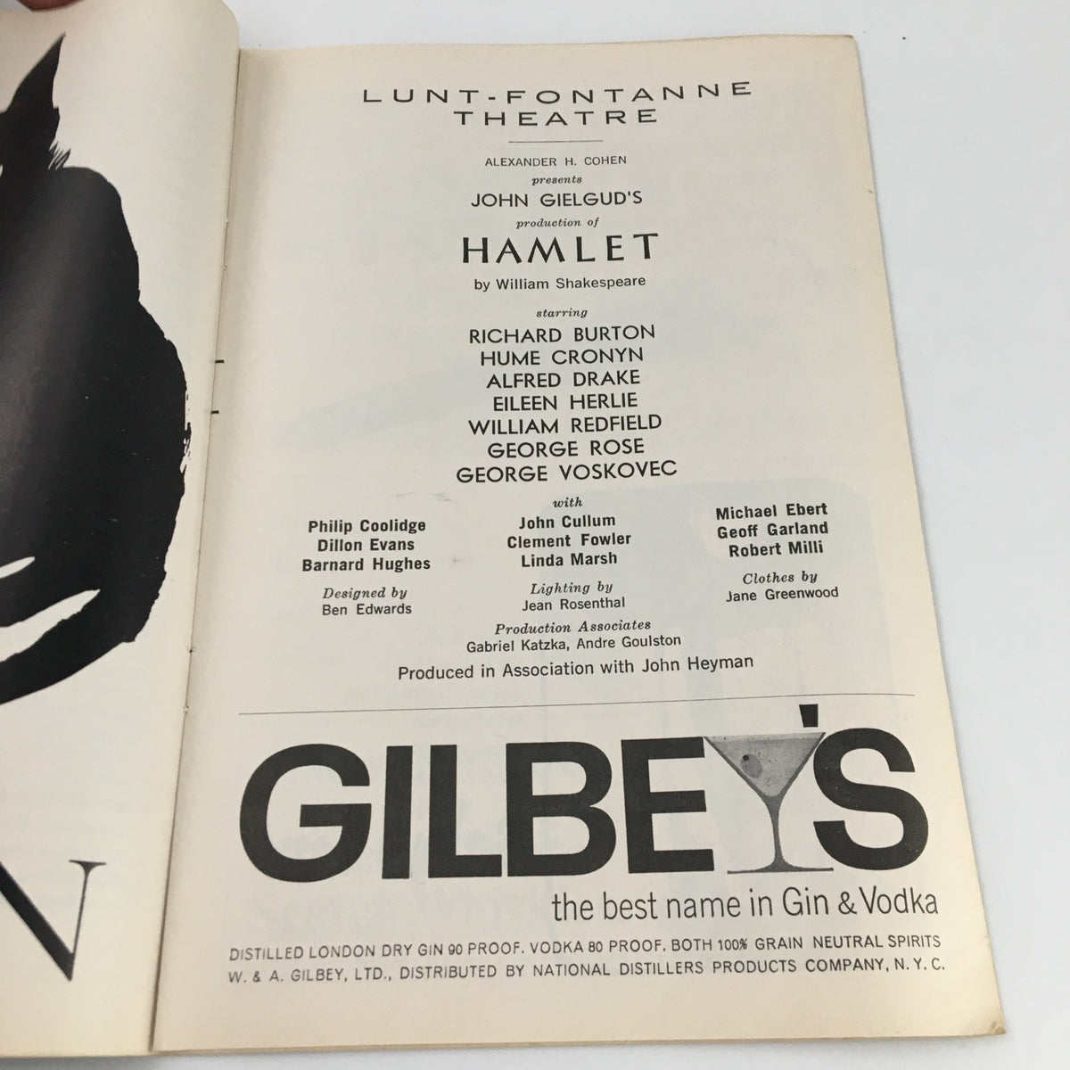 Another inside page of the 1964 'Hamlet' Playbill listing the cast and crew, including Richard Burton and Hume Cronyn.