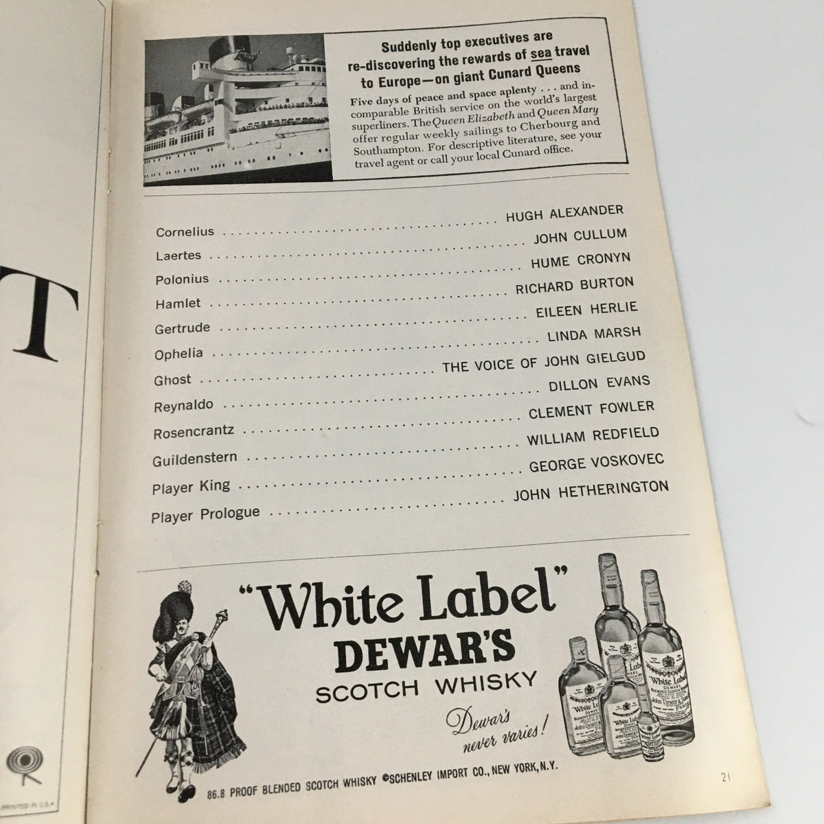 Advertisement page from the 1964 'Hamlet' Playbill at Lunt-Fontanne Theatre, featuring details on whiskey brands.
