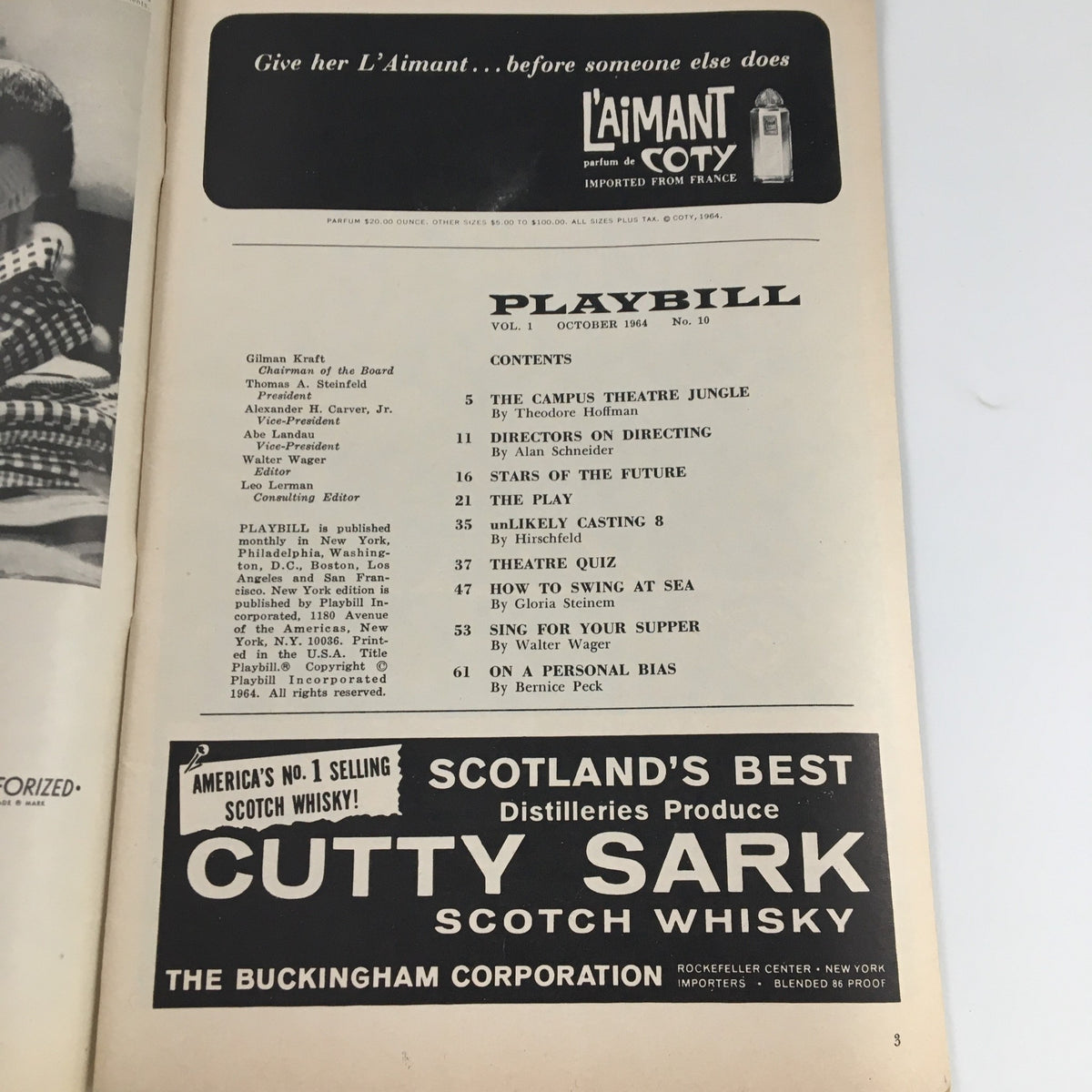 Inside page of the 1964 Playbill for 'The Deputy', showcasing the contents and advertisements.