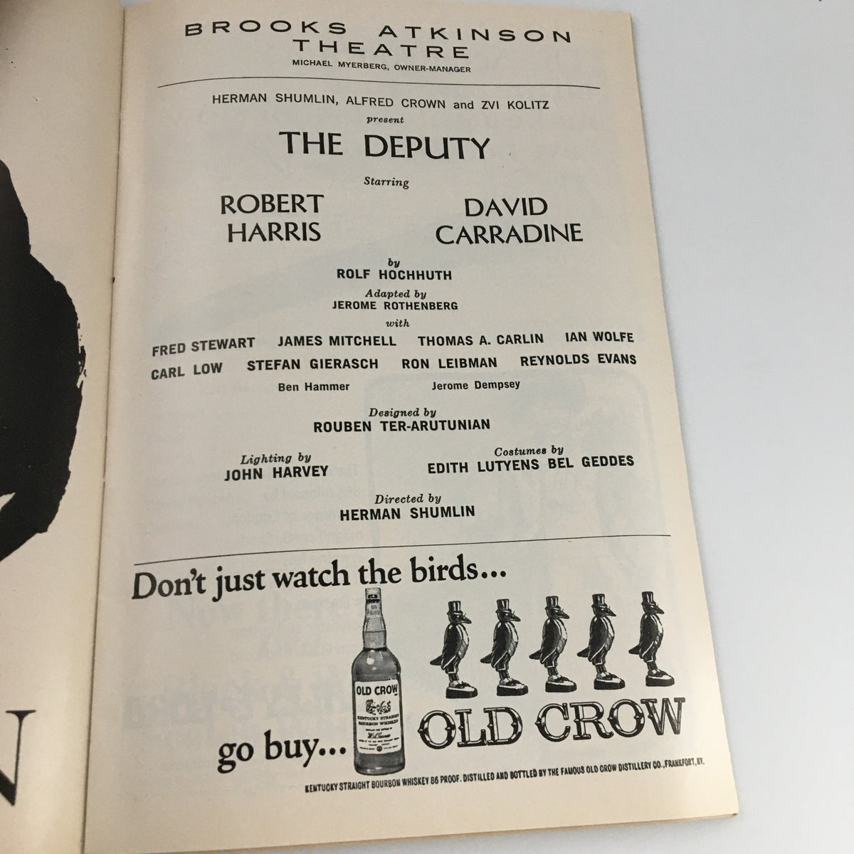The cast listing for 'The Deputy' in the 1964 Playbill, featuring Robert Harris and David Carradine.