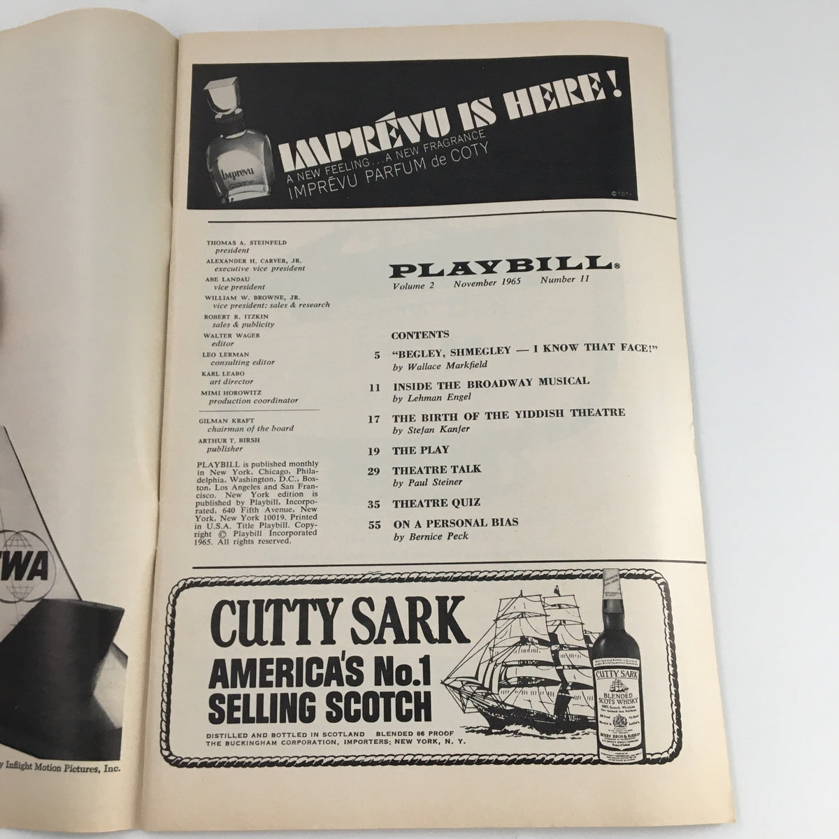 1965 Playbill The Broadway Theatre 'The Devils' featuring contents and promotional ads from the November issue showcasing theater highlights.