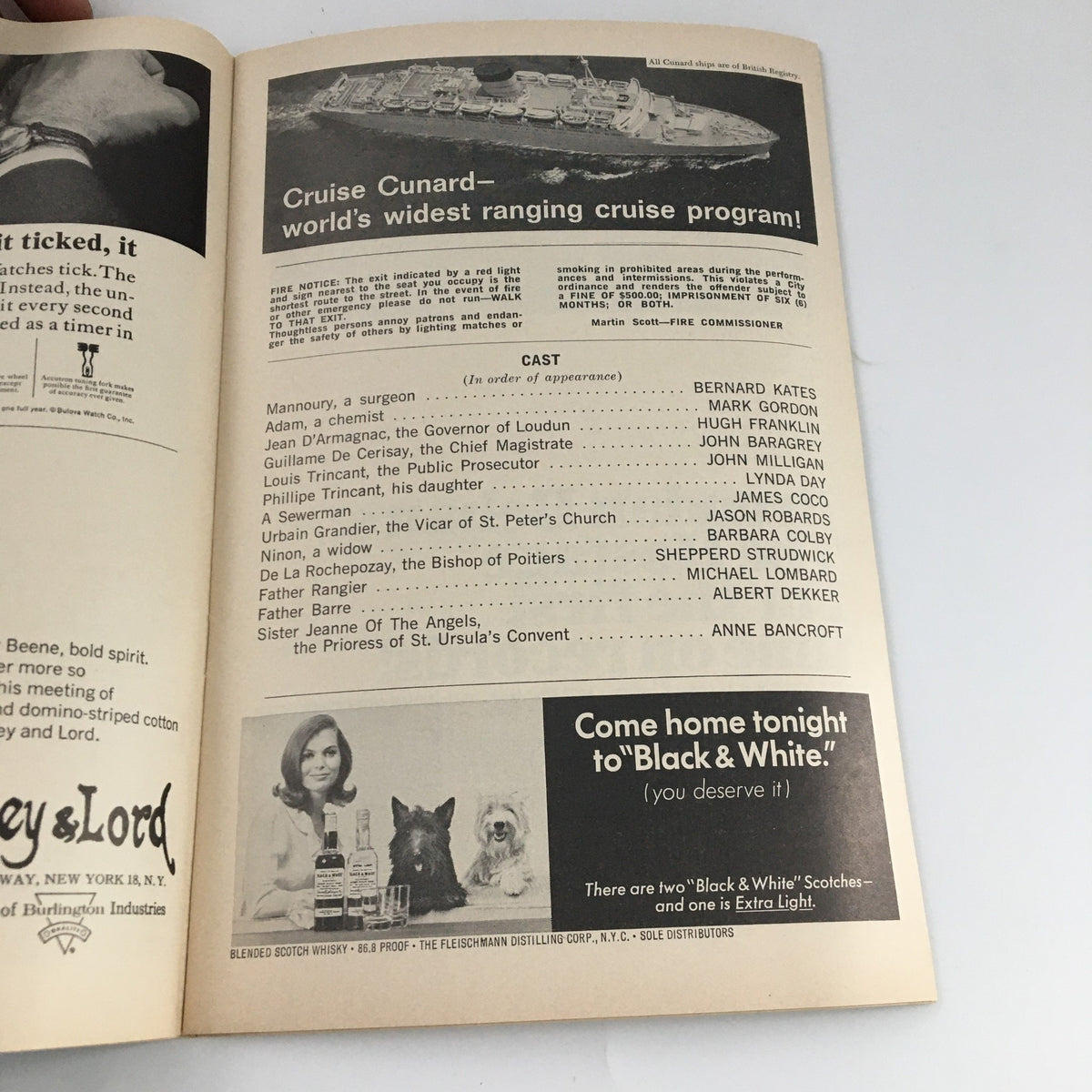 1965 Playbill The Broadway Theatre 'The Devils' with an advertisement for Cruise Cunard and bios of the cast, including Anne Bancroft.