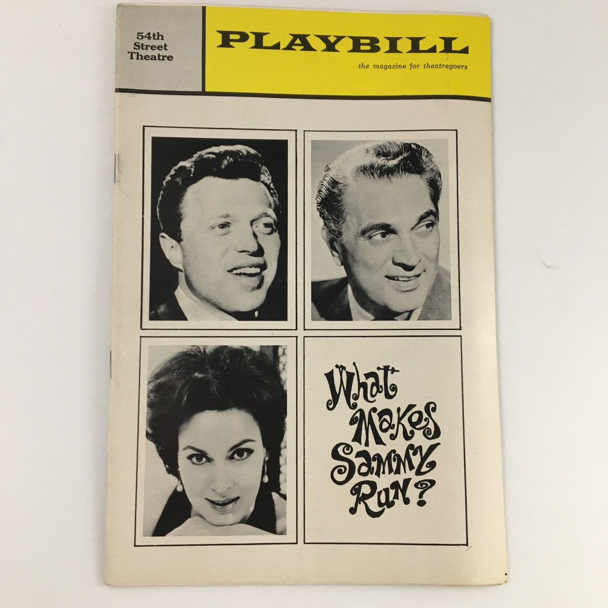 1965 Playbill for 'What Makes Sammy Run?' at the 54th Street Theatre featuring portraits of notable cast members including Steve Lawrence.