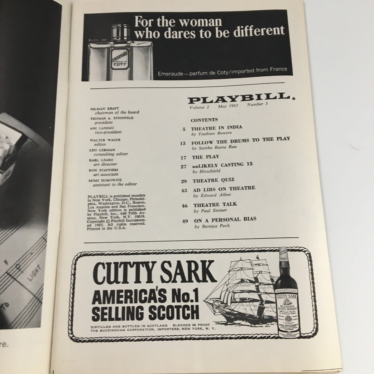 May 1965 issue of Playbill, featuring contents page with advertisements for Coty perfume, showcasing theatrical articles and updates.