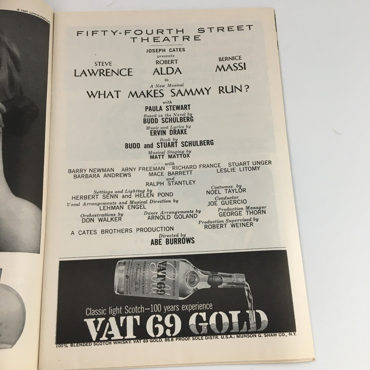 Inside page of the 1965 Playbill for 'What Makes Sammy Run?' listing the cast and crew, highlighting key contributors to the musical production.