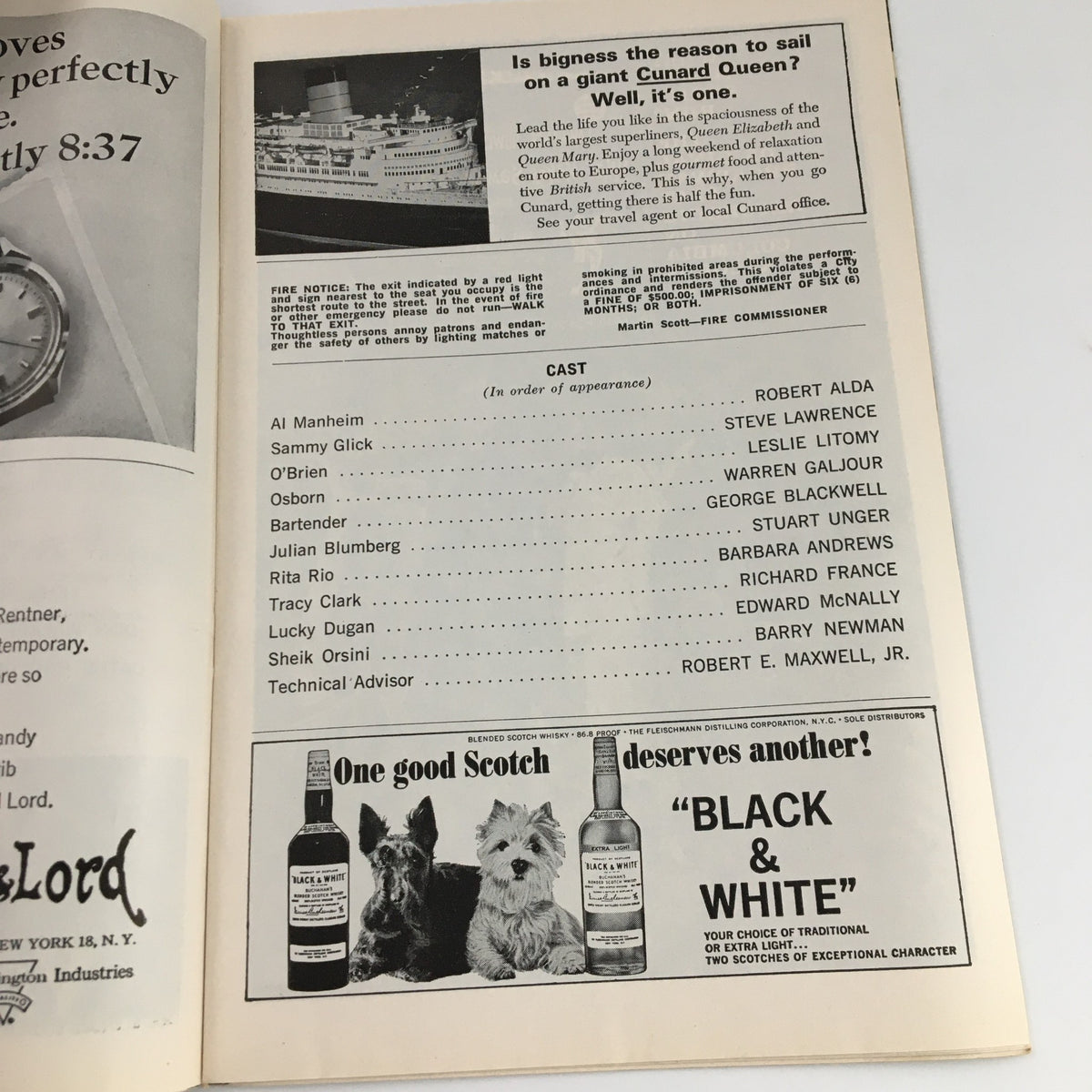 Another inside page of the 1965 Playbill for 'What Makes Sammy Run?' containing cast list and advertising for Cunard cruise, promoting travel and relaxation.