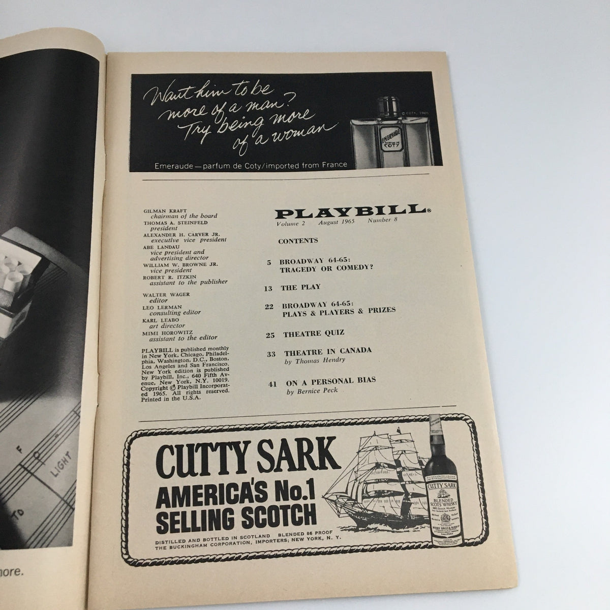Interior page of the 1965 Playbill for The Subject Was Roses, including contents and advertisements.